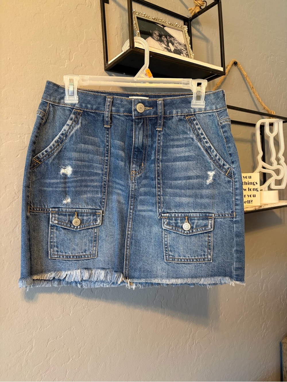 SO Blue Distressed Denim Cargo Midi Skirt